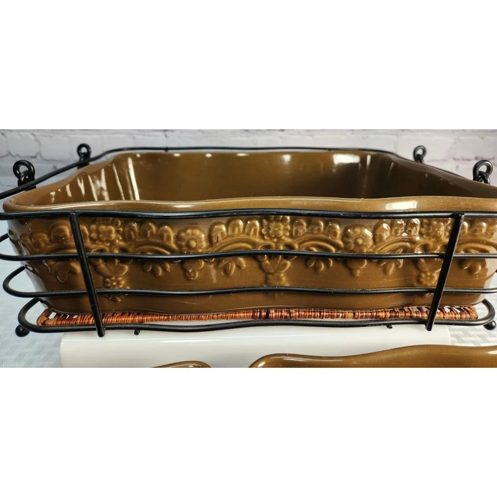 Temptations 7 Piece Floral Lace Casserole Serving Dishe Set w/ Wire Carry Rack